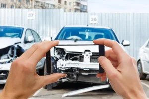 Mann fotografiert sein Fahrzeug mit SchadenUnfall Versicherung mit Smartphone